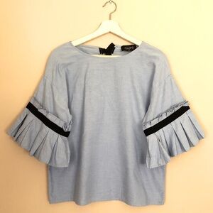 Chepe Italy Blue Short Sleeve Top, Pleated Bell Shaped sleeves, boxy fit, Large